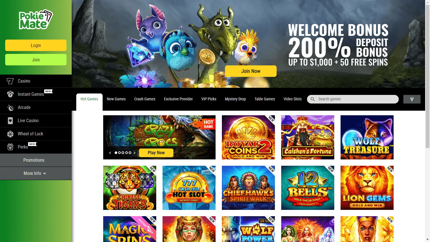 Pokie Mate Casino desktop homepage with casino access and account options