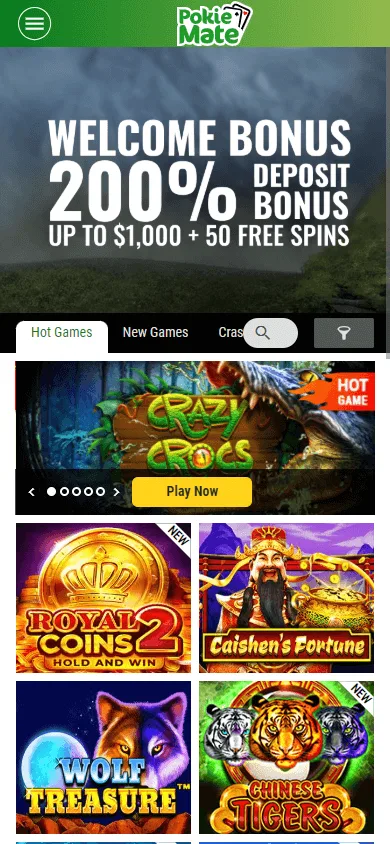 Pokie Mate Casino instant-play mobile homepage on a smartphone