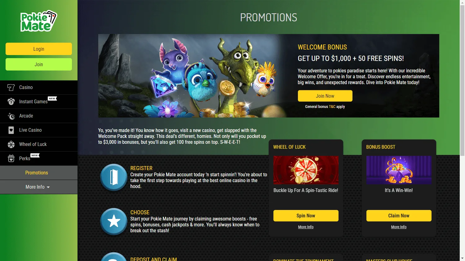 Pokie Mate Casino desktop promotions area with bonus and free-spin offers
