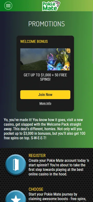 Pokie Mate Casino mobile promotions area with deposit bonuses and free spins